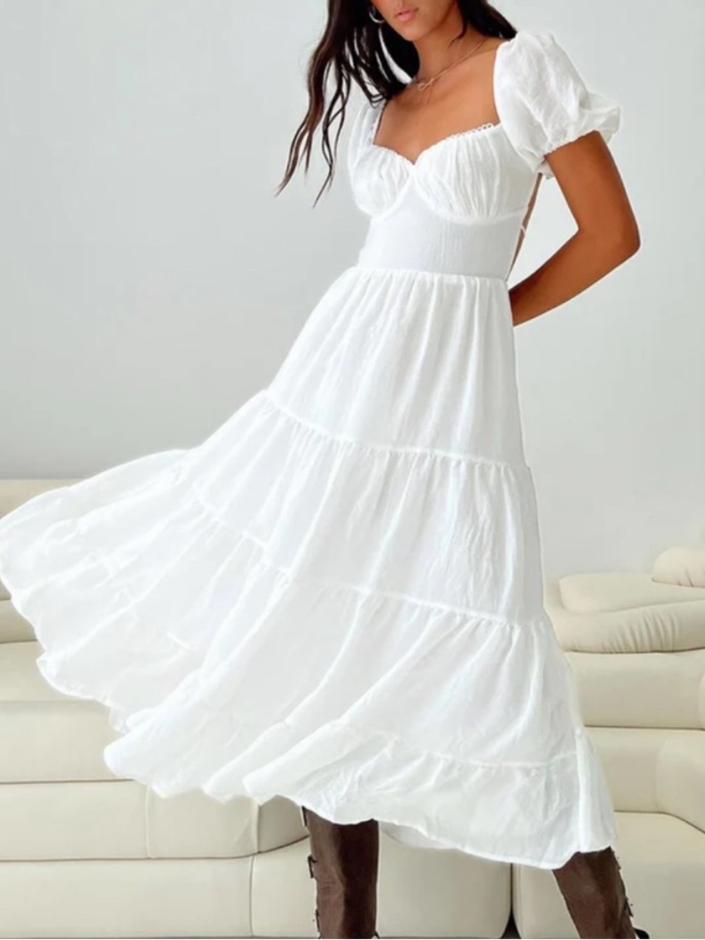 Princess Polly White Midi Dress Danny Puff Sleeve Tiered Tie Back